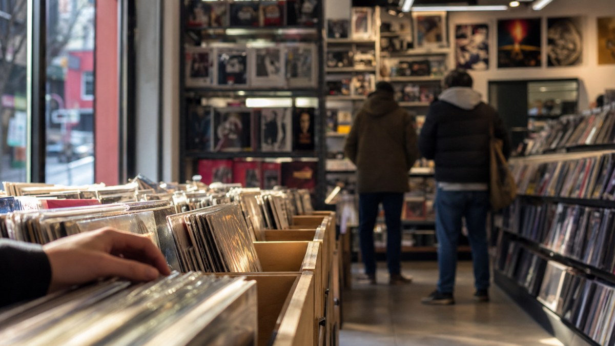Interior de una tienda de discos de vinilo y cultura pop, con cajas de discos y estanterías de figuras