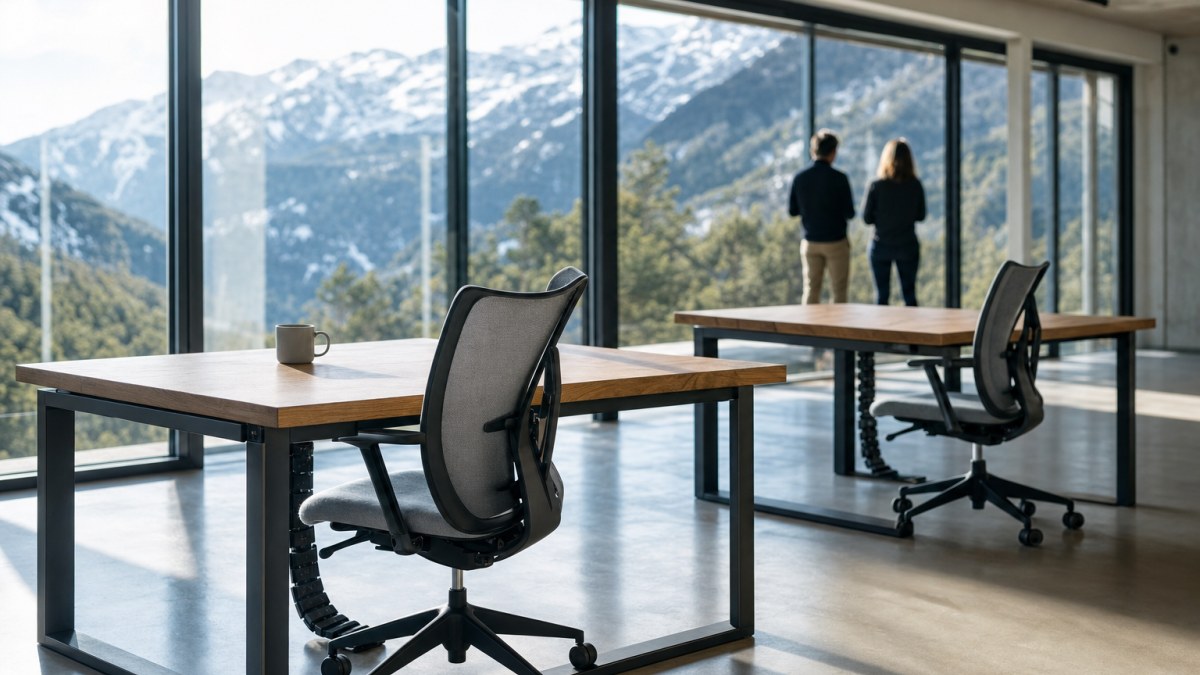 Oficina moderna y luminosa con mesas de trabajo vacías y ventanales que dan a la montaña