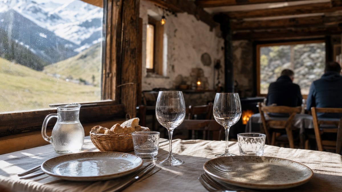 Mesa de restaurante de montaña con vajilla y cubertería puestas y luz natural de ventana