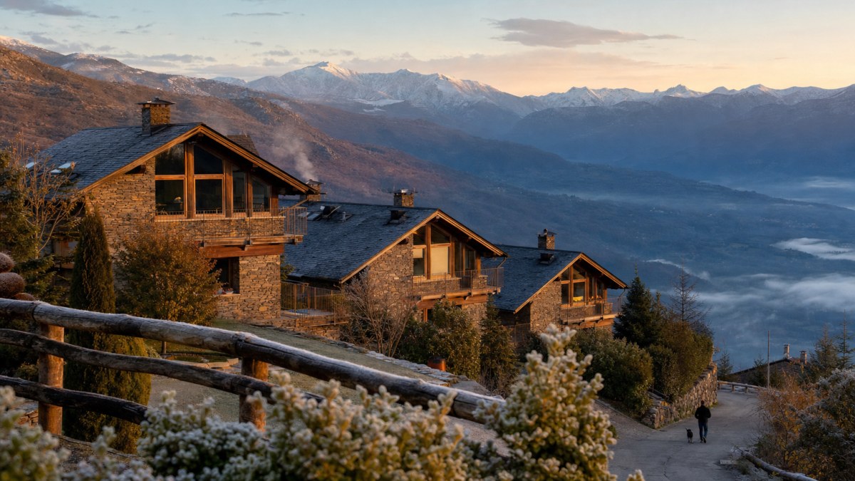 Chalets de lujo con grandes ventanales en la ladera de una montaña de Andorra al amanecer