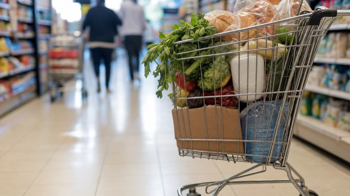 Pasillo de supermercado con un carro lleno en primer plano y clientes de espaldas al fondo, desenfocados