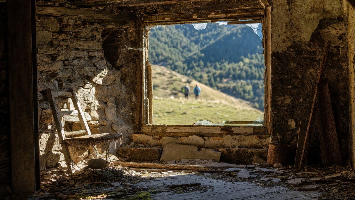 Interior de un edificio abandonado en la montaña, con luz entrando por una ventana rota y polvo en el aire