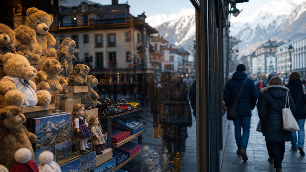 Escaparate de una tienda de merchandising y juguetes en una calle comercial de Andorra la Vella