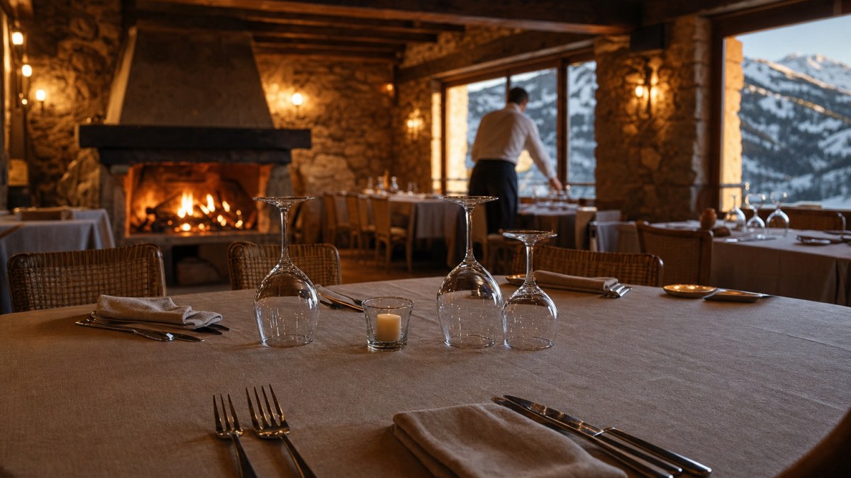 Comedor de un restaurante andorrano con las mesas puestas y luz cálida, antes del servicio