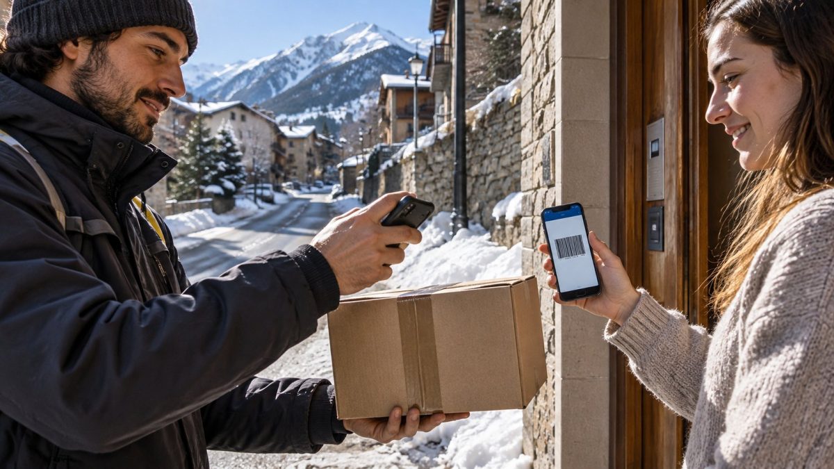 Entrega de un paquete con código de barras en la puerta de una casa de Andorra