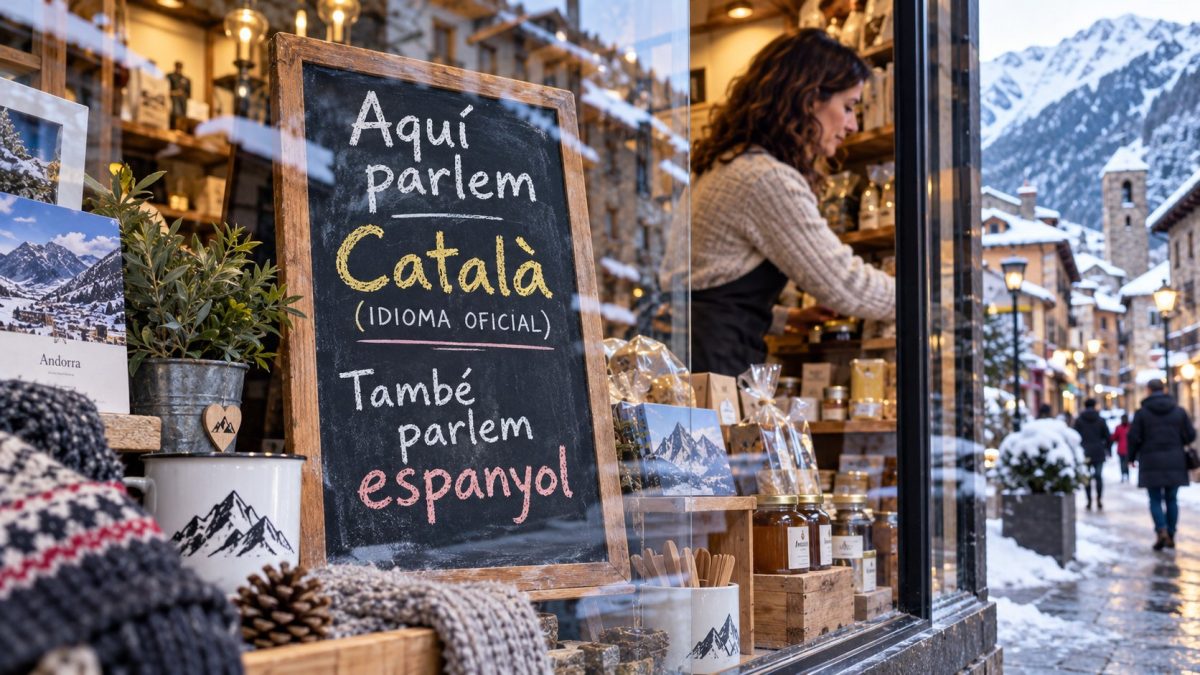 Cartel sobre las lenguas en el escaparate de una tienda de Andorra