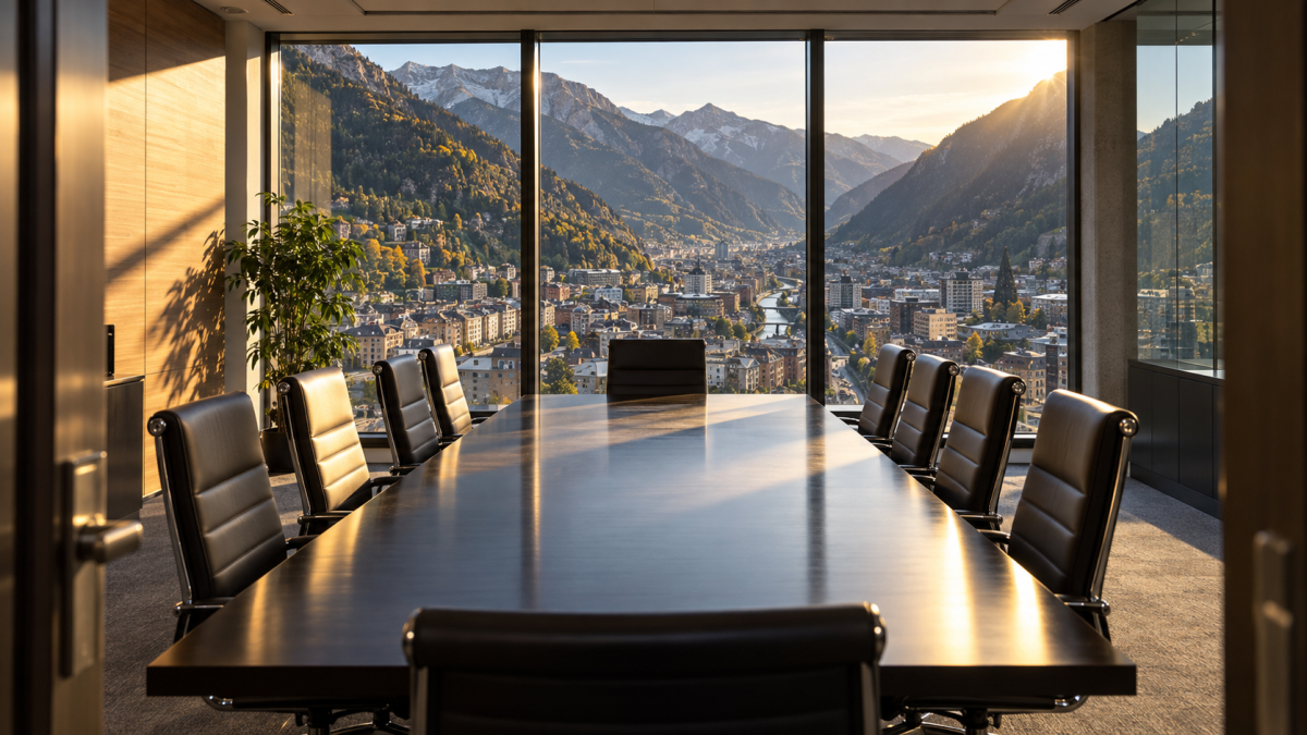 Sala de reuniones con el valle de Andorra al fondo, en el sector financiero andorrano