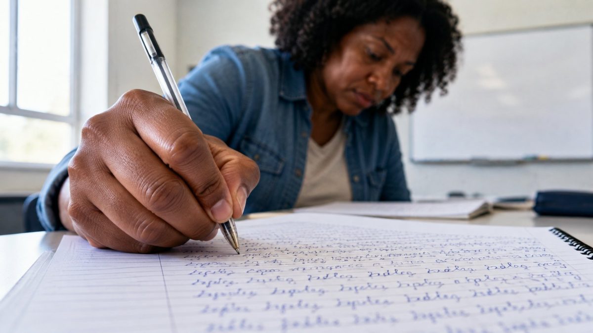 Una estudiante adulta practica catalán en un aula, la formación exigida para residir en Andorra