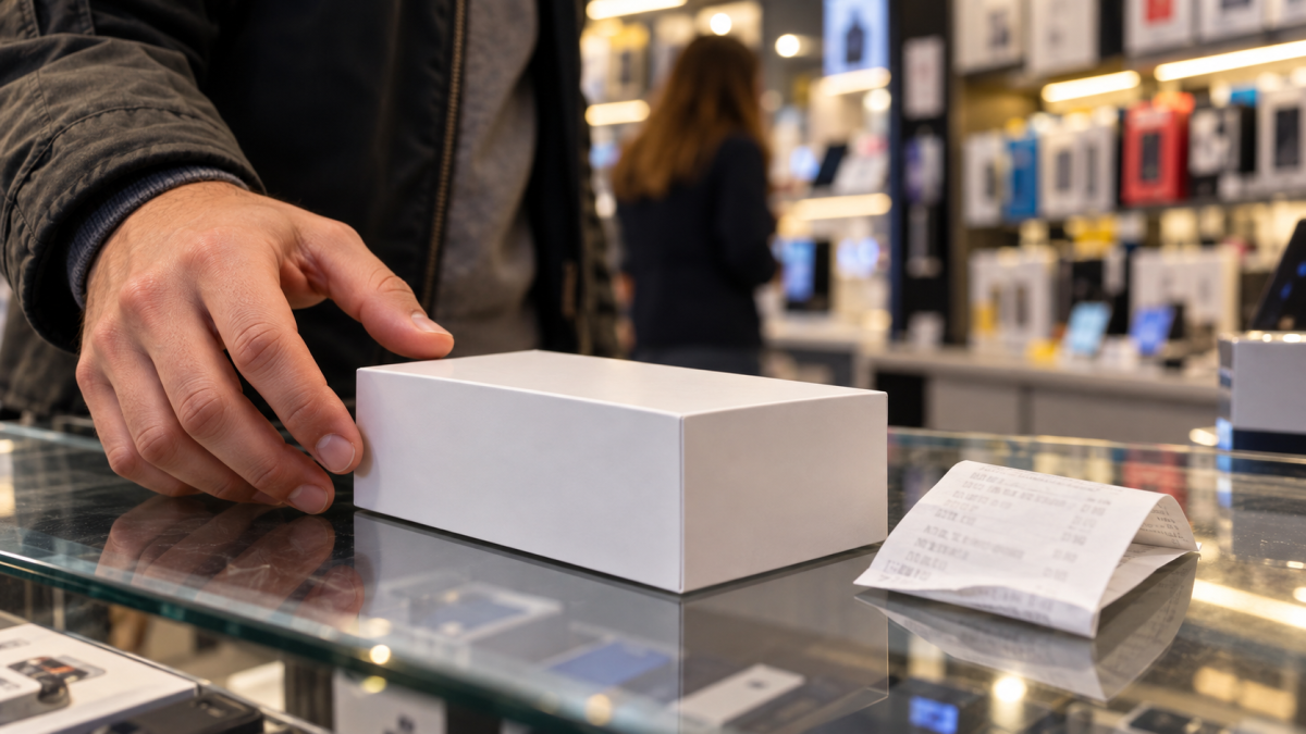 Caja de un teléfono móvil y el tique en el mostrador de una tienda de Andorra