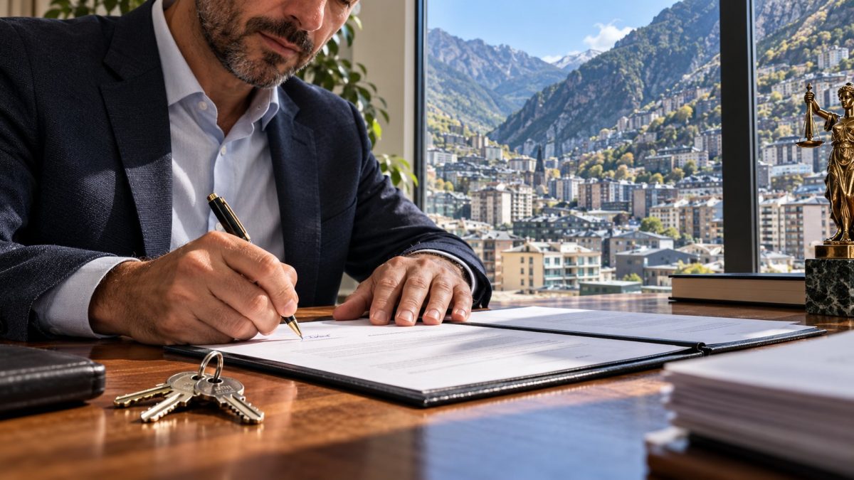 Comprador español firmando la escritura de un piso en una notaría de Andorra la Vella, con las llaves sobre la mesa