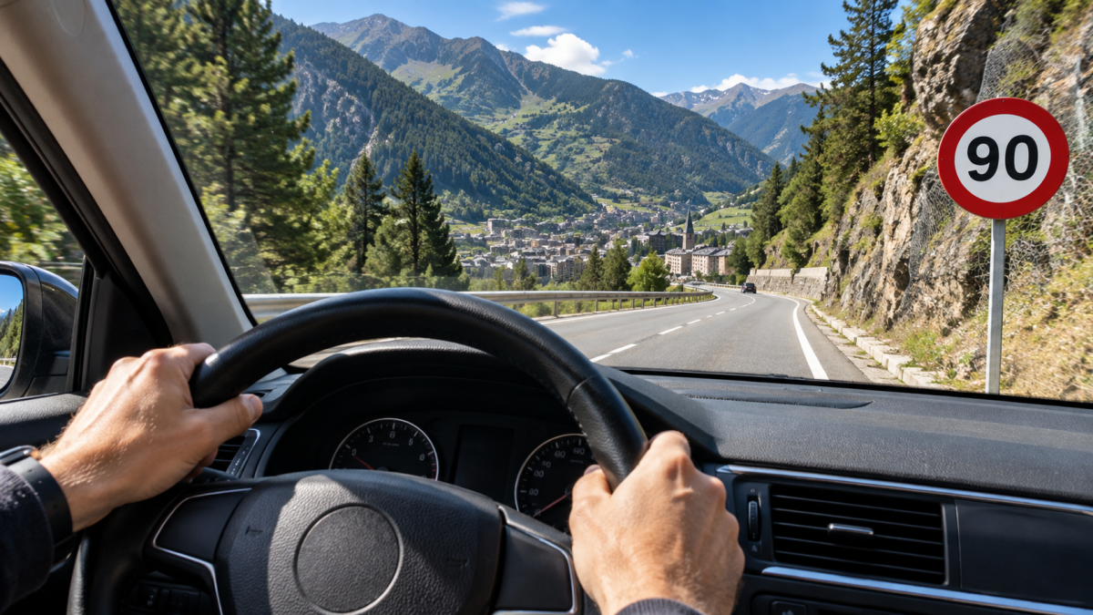 Carretera general de Andorra vista desde el coche con la señal de límite de 90 km/h
