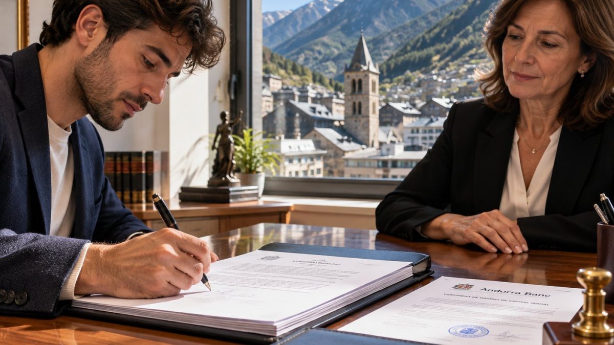 Emprendedor firmando ante notario la escritura para crear una empresa en Andorra