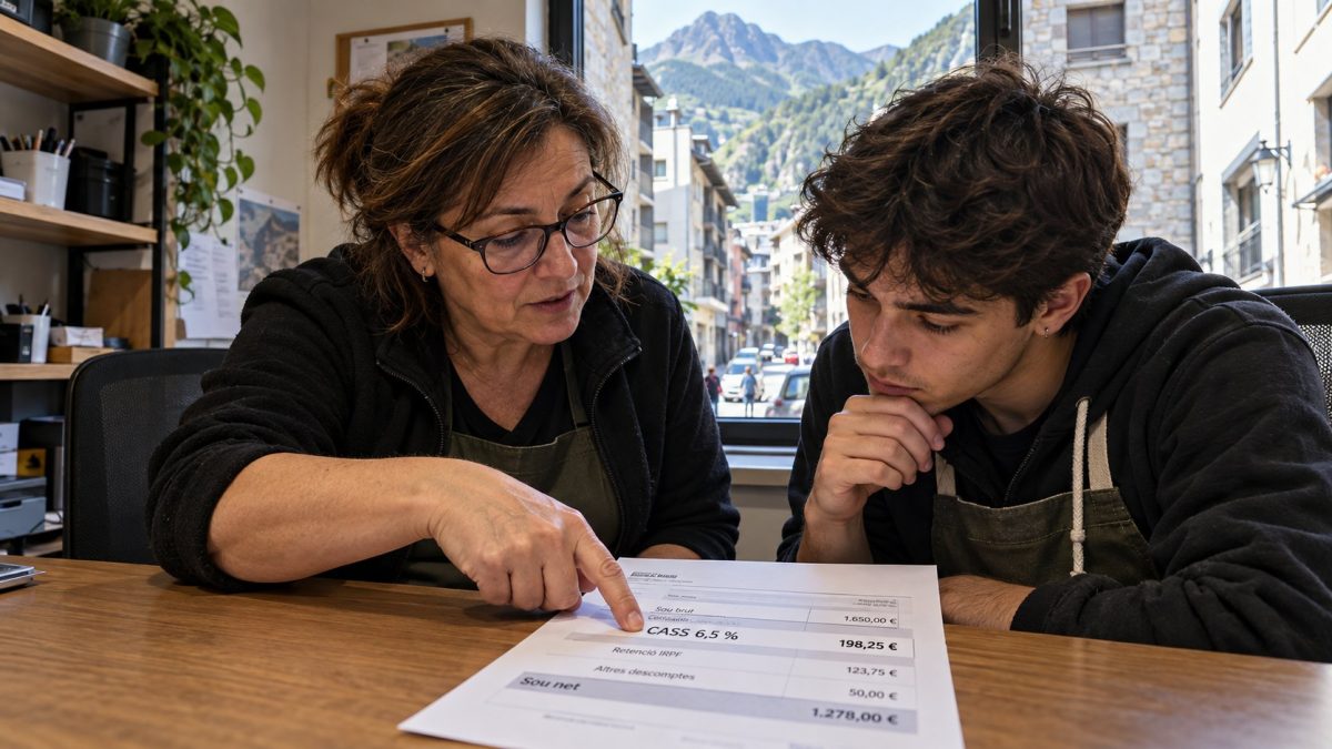 Dueña de un comercio de Andorra señalando la línea de la CASS en la nómina de una empleada