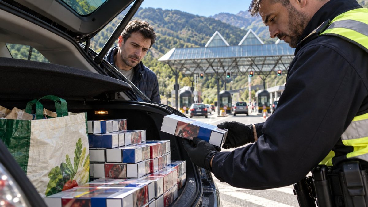 Agente de aduanas cuenta cartones de tabaco en la frontera de Andorra