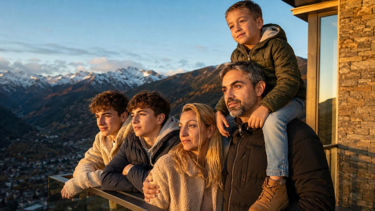 La familia de FamilyTube mirando el valle de Andorra desde la terraza de su casa