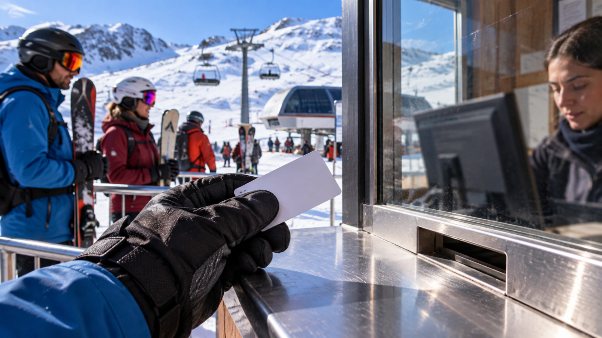 Esquiador recogiendo su forfait en la taquilla de una estación de esquí de Andorra