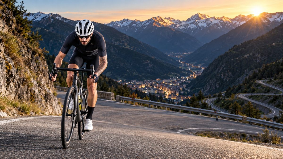 Ciclista sube un puerto de montaña en Andorra al amanecer
