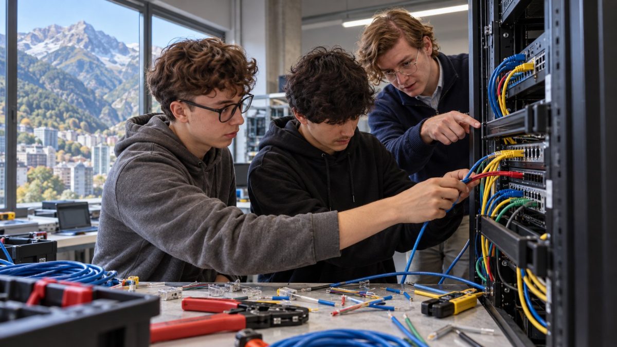 Alumnos de FP conectando cables de red en un taller de Andorra