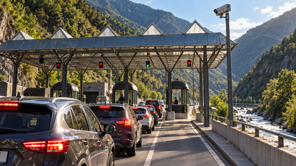 Cola de coches bajo la marquesina del paso fronterizo entre Andorra y España