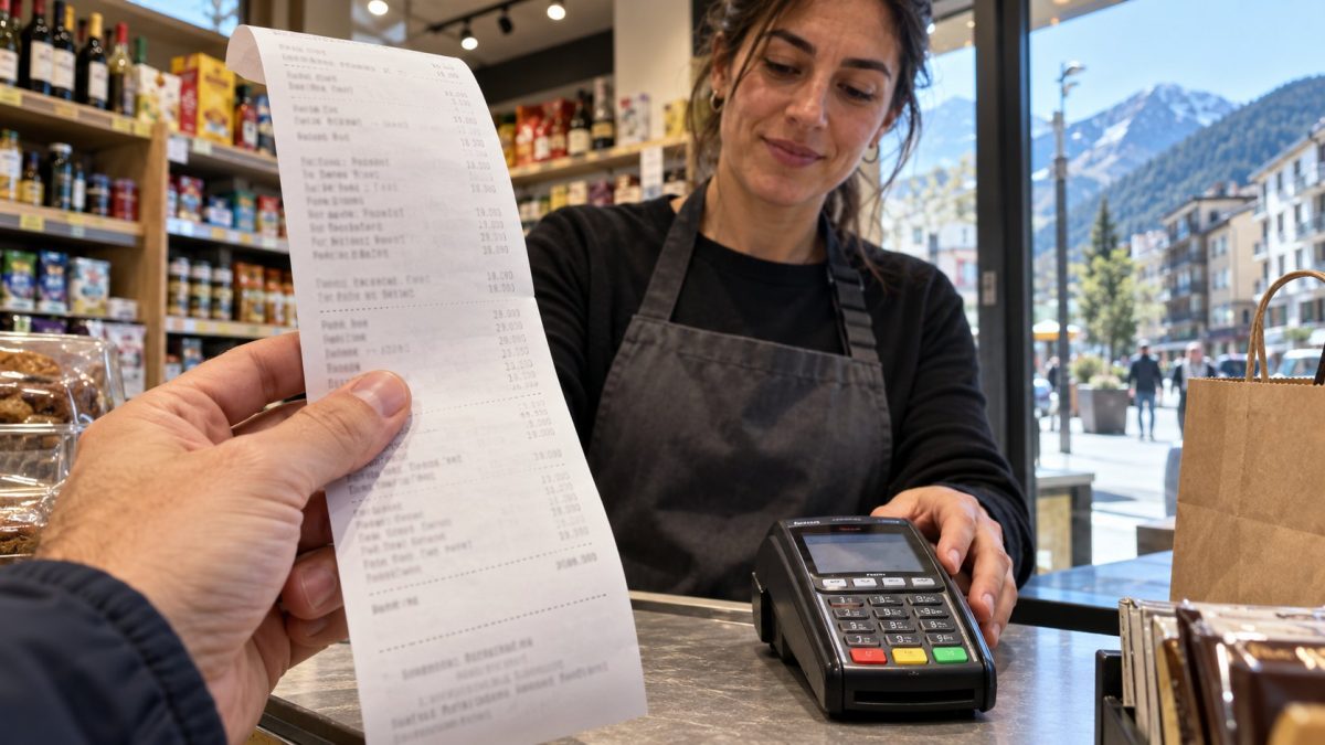 Cliente sostiene el tique de compra en un comercio de Andorra