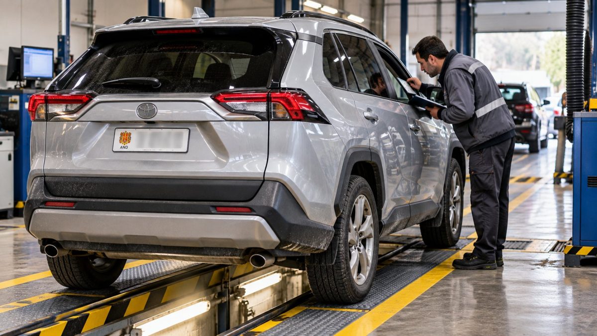Inspector de ITV revisando el bastidor de un coche con matrícula de Andorra importado a España