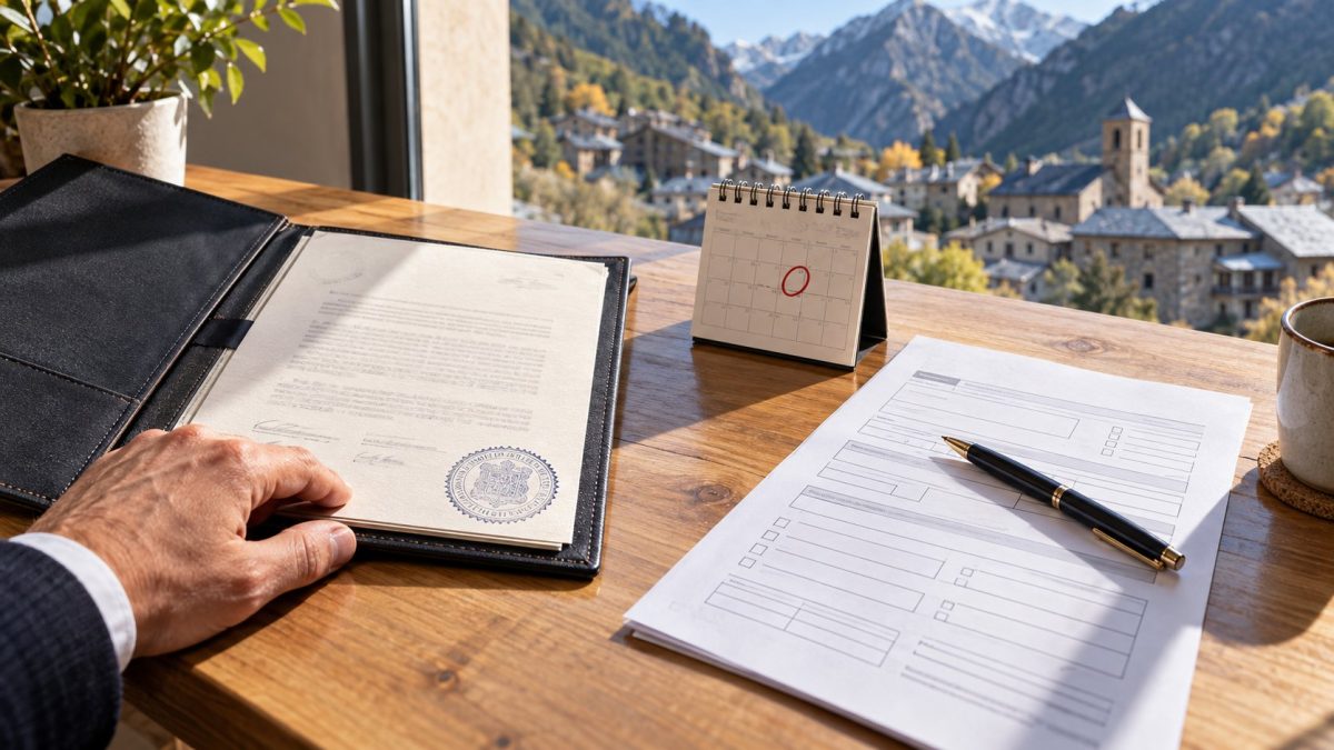 Escritura de herencia de Andorra junto a un impreso español en blanco y un calendario