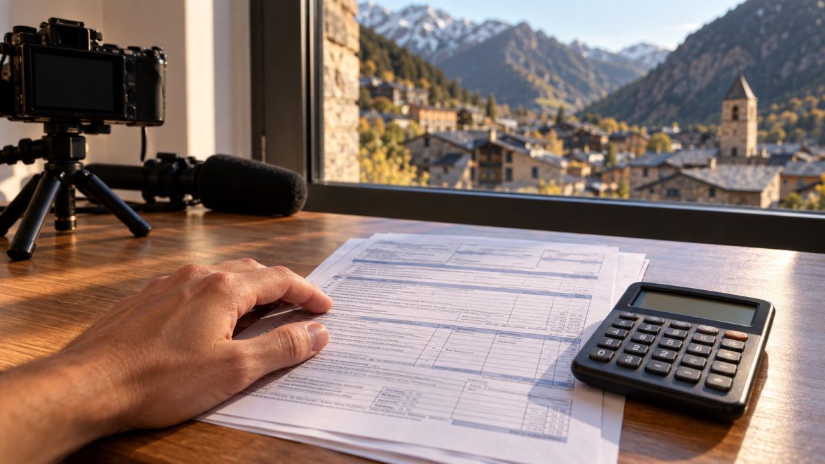 Declaración y calculadora sobre el escritorio de un creador de contenido en Andorra