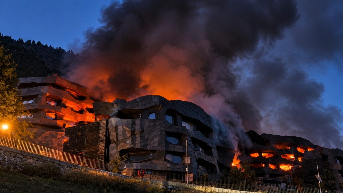 Incendio en el complejo residencial La Querola de Ordino, Andorra, con los bloques ardiendo al amanecer