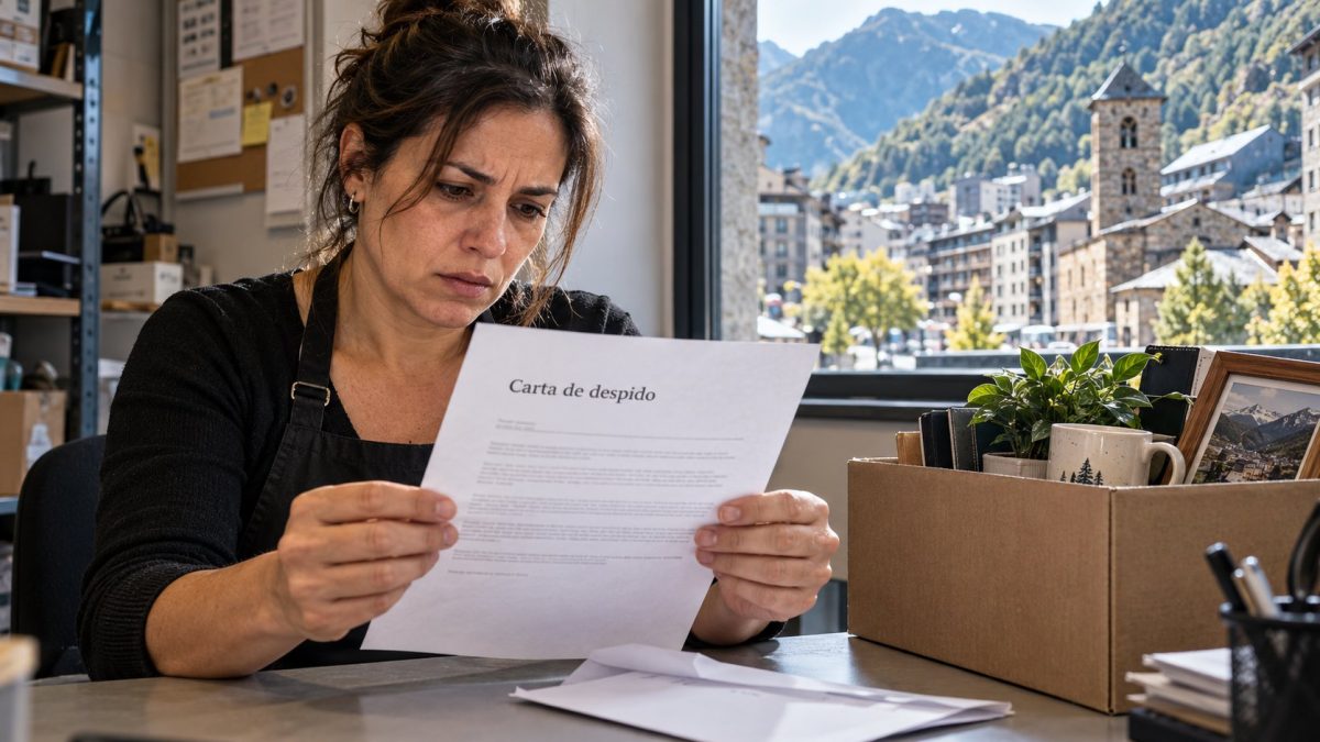 Mujer leyendo una carta de despido en una oficina de Andorra con una caja de objetos personales sobre la mesa