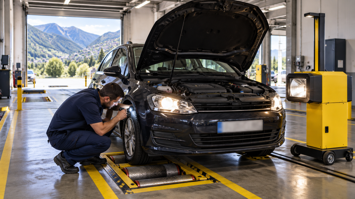 Técnico revisando un coche en la línea de inspección técnica de vehículos de Andorra