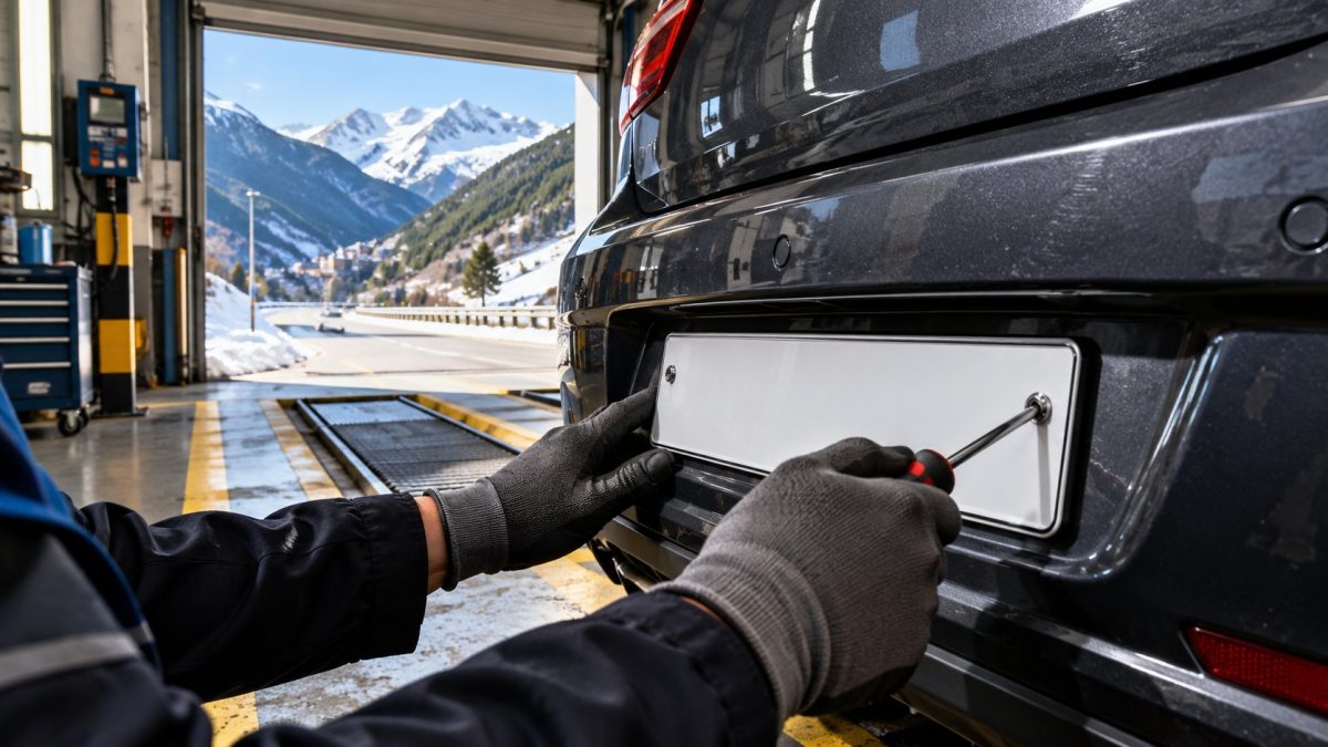 Técnico coloca la placa de matrícula de un coche en Andorra