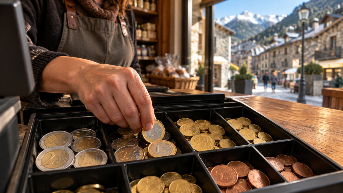 Cajón de una caja registradora con monedas de euro en una tienda de Andorra