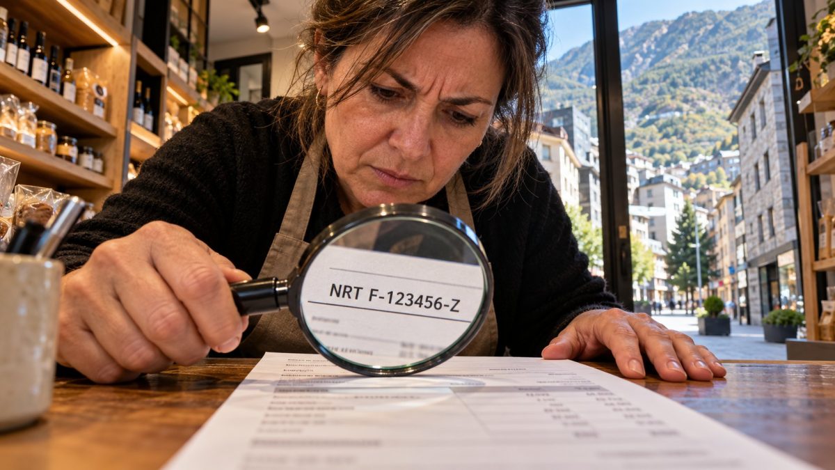 Comerciante de Andorra la Vella revisa con lupa el NRT impreso en una factura sobre el mostrador