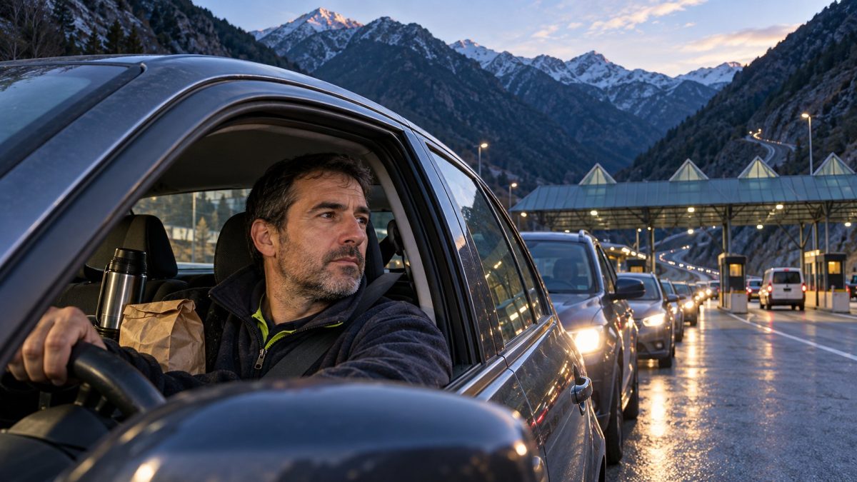 Conductor con termo esperando en la cola de la frontera de Andorra al amanecer