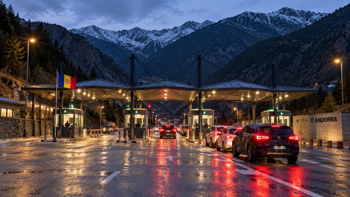 Cola de coches en el paso fronterizo de Andorra al anochecer