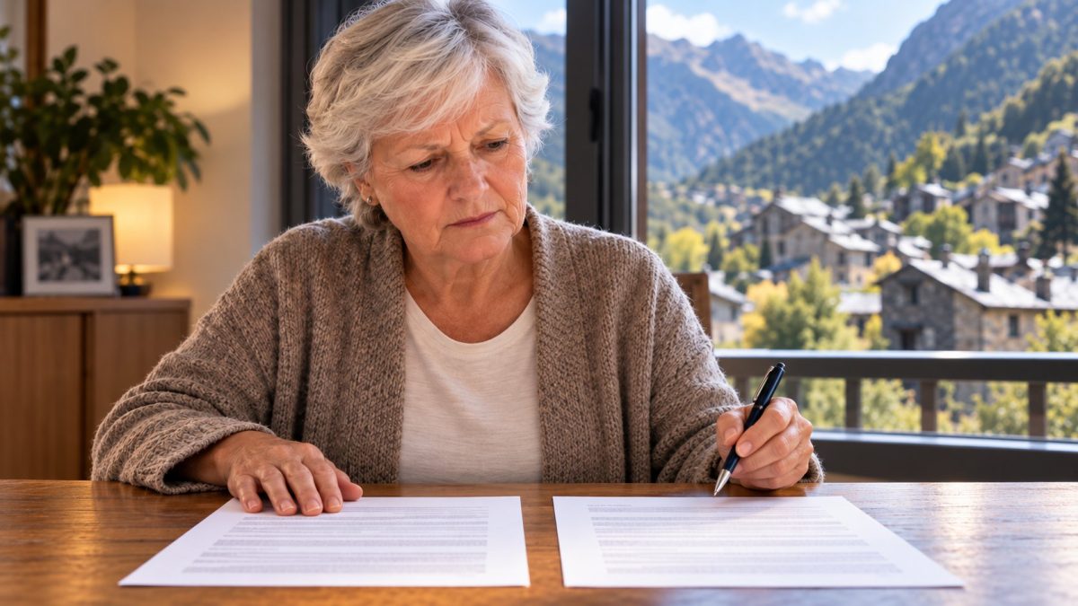 Mujer mayor comparando el certificado de su pensión con una póliza de seguro en una casa de Andorra