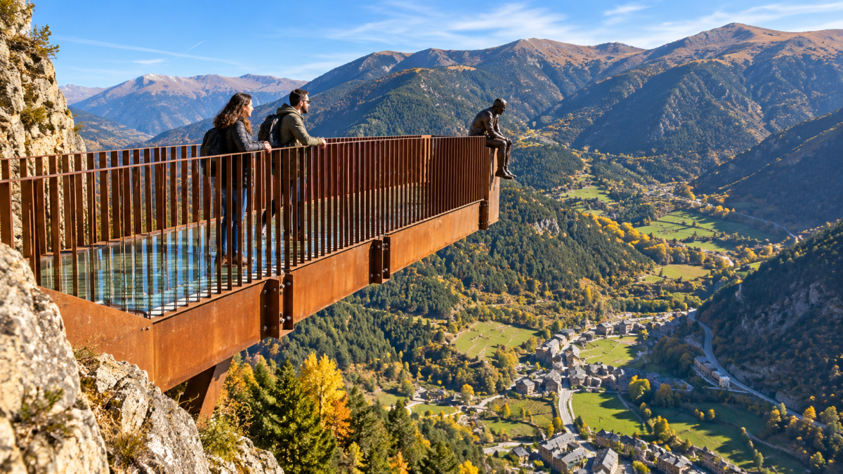 Pasarela en voladizo del mirador del Roc del Quer en Canillo, Andorra, con la escultura del pensador