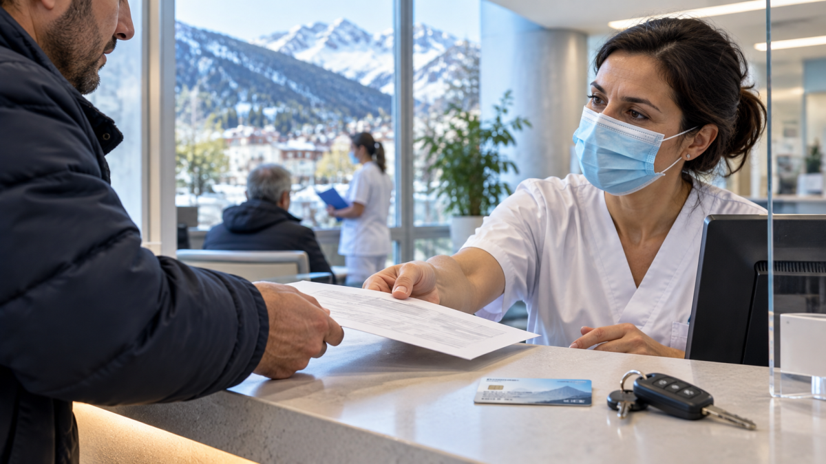 Paciente entregando el formulario de desplazamiento en el mostrador de un hospital de Andorra