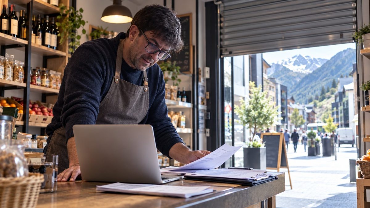 Comerciante autónomo revisa sus papeles antes de abrir su tienda en Andorra