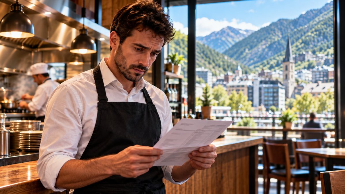Camarero leyendo su nómina en un restaurante de Andorra, con un cocinero trabajando en la cocina al fondo