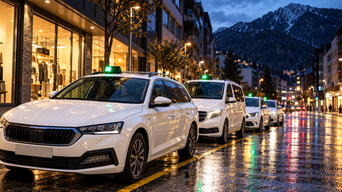 Fila de taxis blancos con la luz verde en el techo en una parada de Andorra
