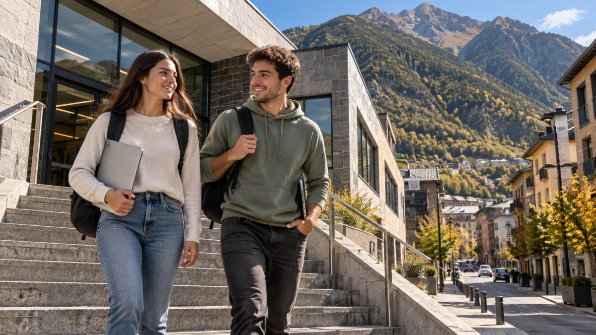 Dos estudiantes bajando las escaleras del campus de la universidad de Andorra