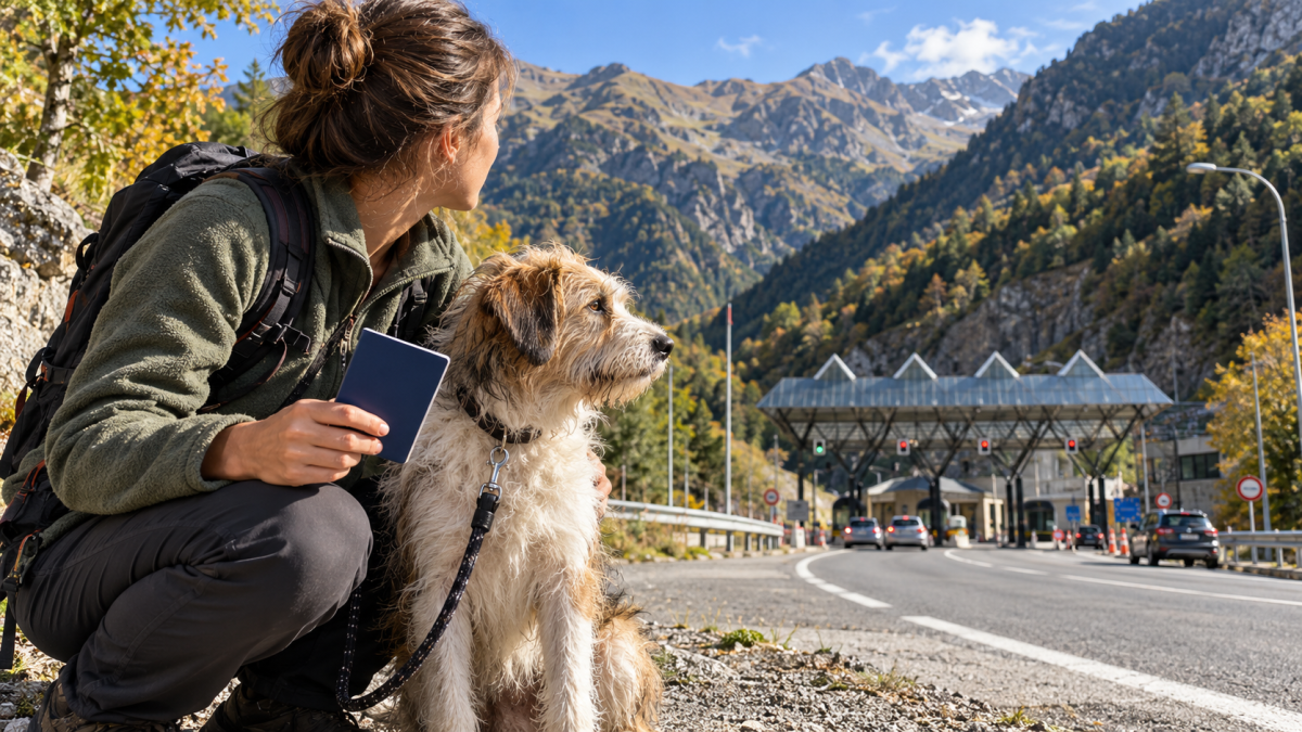 Excursionista con su perro y el pasaporte animal junto al paso fronterizo de Andorra