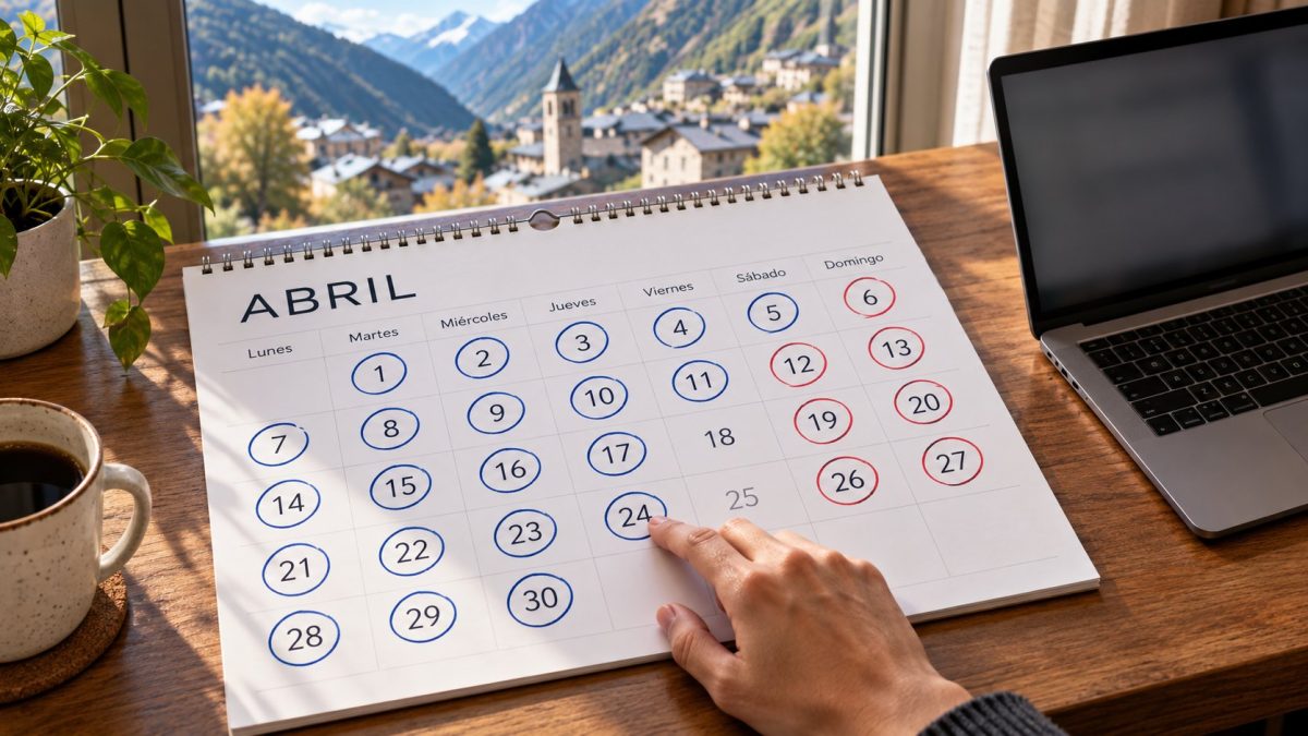 Calendario de pared en una casa de Andorra con los días marcados a mano junto a un portátil